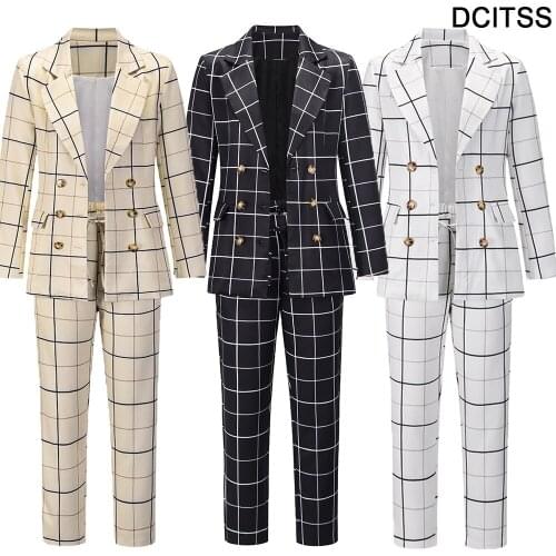 Spring Autumn women Plaid Suit set Long Sleeve Lapel Double Breasted Coat 2021 Fashion Casual Slim OL temperament Outfits