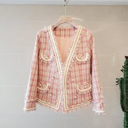 Pearls Tassel Winter Jackets Coats Women V-Neck Long Sleeve Tweed Outwear Plaid Woolen Coat Vintage Office Lady Plus Size B598