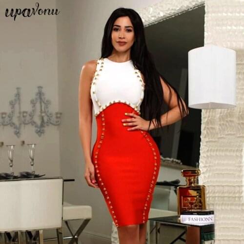 Summer new 2021 hot elegant beaded decoration sexy red stitching tight bandage dress womens celebrity party dress