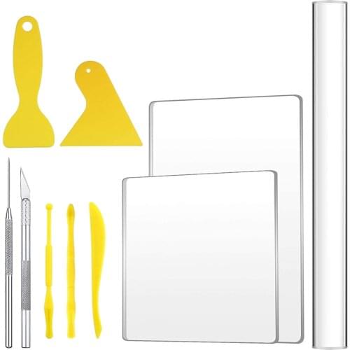 10PCS Polymer Clay Tools Acrylic Clay Roller Clear Acrylic Sheet Backing Board Clay Cutters Punch Tools for Pottery Sculpting