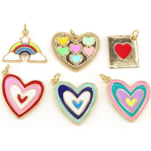 10Pcs Rainbow Enamel Heart Pendant, Vintage Rainbow Heart Charms, Enamel with Gold Plated Charm,accessories jewelry