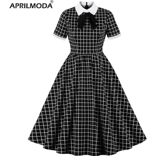 50s 60s Retro Plaid Vintage Tunic Dress Rockabilly Black Gingham Office Bow Neck Casual Party Jurken A Line Swing Midi Dresses