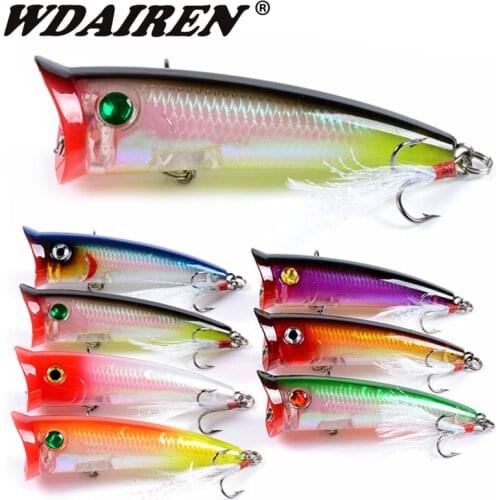 7pcs Fishing Lures set Mixed 7 colors Topwater Popper Bait Artificial Make Good Plastic With Feather hook Wobbler Fishing Tackle