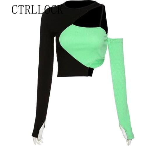 CTRLLOCK Harajuku Irregular Slim Long Sleeve Crop Tops Color Patchwork Women Casual Grunge T-shirt Female