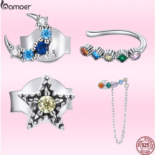 Bamoer 2021 Genuine 925 Sterling Silver 1Pcs Ear Cuff Moon and Star Ear Stud Long Chian Dangle Ear Clip Jewelry Gift GXE1065