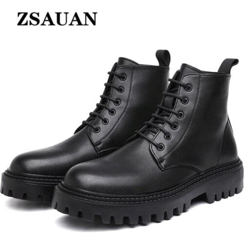ZSAUAN Autumn Winter Short Plush PU Men Boots Stylish Round Big Toe Platform Casual Boots for Men Middle Heel Black Unique Shoes