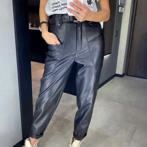 Faux Leather Pants For Women Clothing 2021 PU High Waist Big Pockets Straight Trousers For Woman Casual Elegant Pants Capris Y2K