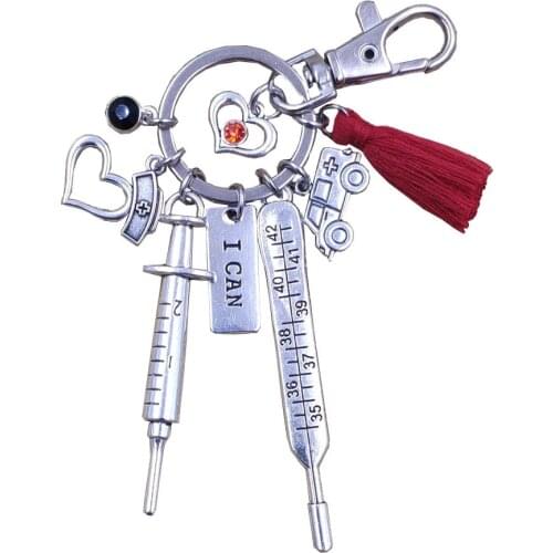 Engraved I Can Blessed Needle Syringe Thermometer Nurse Cap Ambulance Charm Keychain Key Ring Tassels Men Women Gift BO121-200