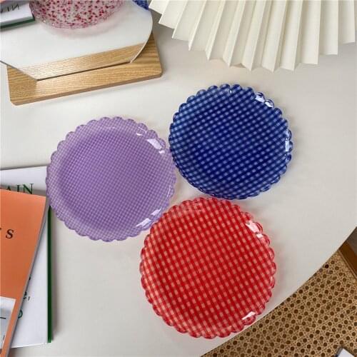 French Style Retro Plaid Dessert Spoon Fork Dish Afternoon tea Cake Dessert Tray Plate Tableware Wedding Birthday Party Decor