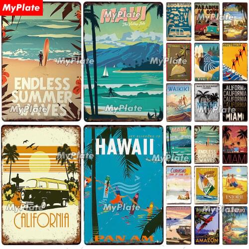 [MyPlate] SUMMER Vintage Metal Sign Tin Sign Wall Decor For Bar Beach Plaque Pub Club Poster Wall Decor Hawaii/California/Miami