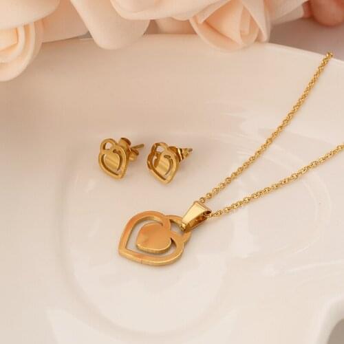 Dubai India gold heart lock fashion engraved set fashion girl bride engagement wedding earrings necklace gift