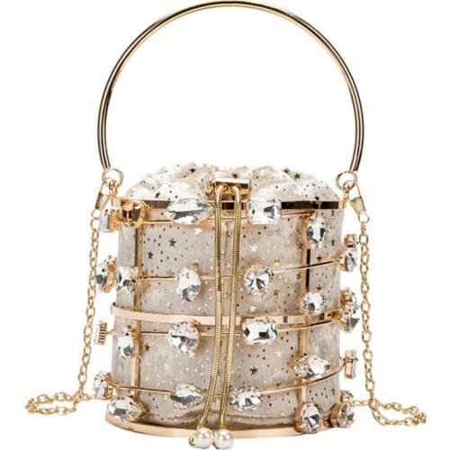 2021 New Metal Hollow Out Women Handbags Metallic Evening Bags for Ladies Luxury Designer Handbag Gold Shoulder Bag Bucket Bags