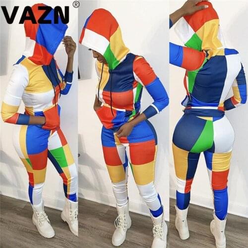 VAZN New Patchwork Print Hooded Gym Clothing Fitness Leggings+Cropped Shirts Sport Suit Women Long Sleeve Tracksuit Active Wear