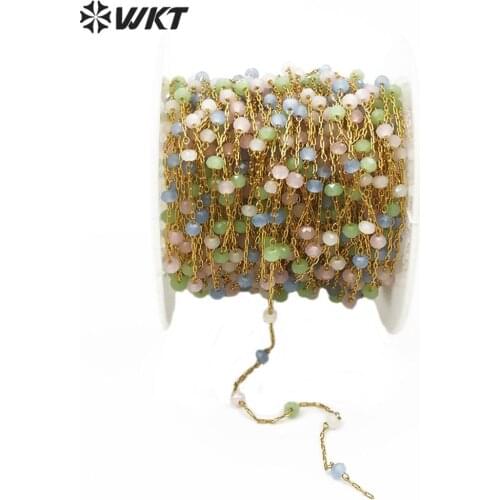 WT-RBC138 new rainbow color 3mm gold electroplated crystal beads chain tiny handmake jewelry chain