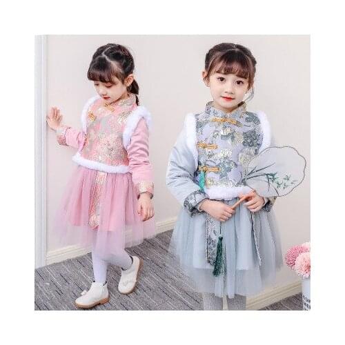 New Hanfu 4-9 year old girl baby Tang suit New Years clothing baby Chinese style vest dress superb fairy winter children suit