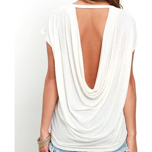 Open Back Casual Shirt Short Sleeve T Shirt Elegant Mature Summer Style Women Clothing Casual Backless O-Neck Tops Tees