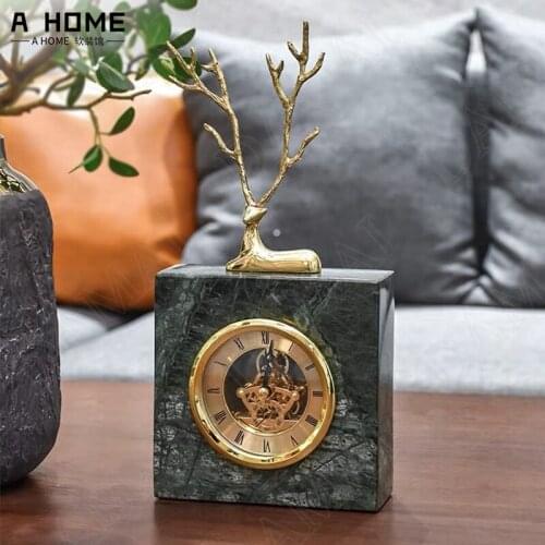 Gilded Fawn Natural Marble Clocks Living Room Desktop Decorative Table Brass Clock Retro European Home Decoration Ornaments