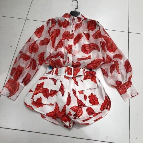FABPOP 2021 New Summer Fashion Casual Patchwork Loose Print Long Lantern Sleeve Shirt Shorts Two Piece Set Women GA157
