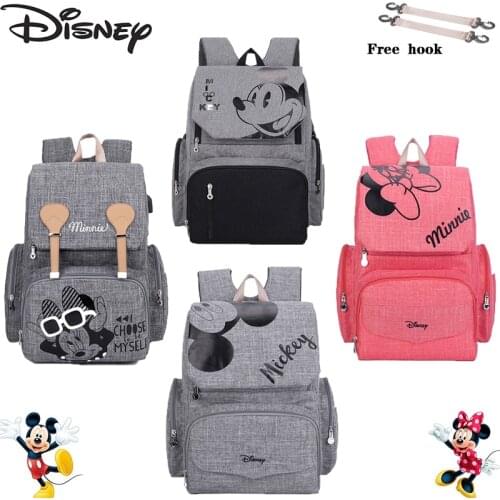 Disney USB Stroller Backpack Fashion Mother Diaper Bag Large Capacity Nursing Bag Mickey Travel Baby Equipment To Send Free Hook