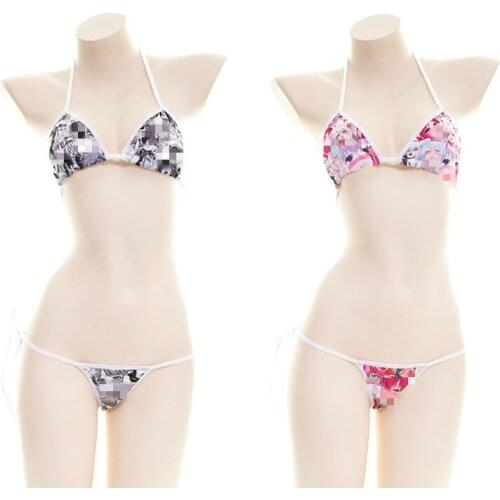 Sexy Japanese Anime Expression Print Bikini Sets Halter Lace-up Underwear Womens Intimates Lolita Cosplay Bra & Panties Sets