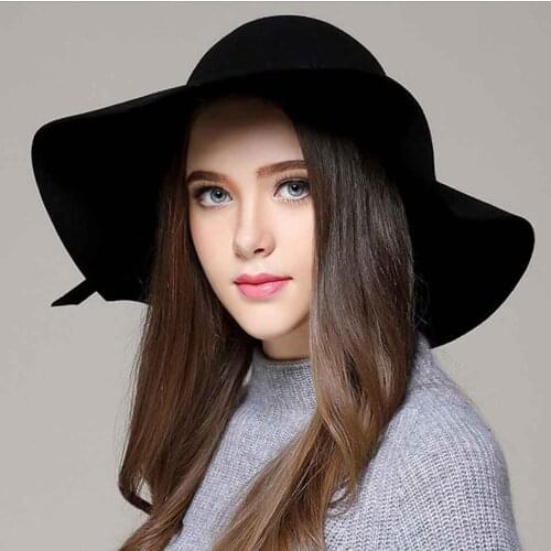 Retro Solid Wide Brim 10CM Autumn Winter Bowler Hats for Women Girls Soft Vintage Wool Felt Fedoras Hat Ladies Floppy Dome Cap