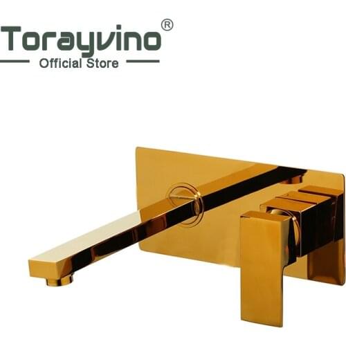 Bathroom Basin Sink Faucet Golden Finish Wall Mounted Square Solid Brass Mixer Tap With Embedded Box In Wall Easy To Install