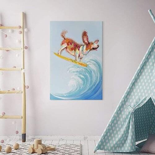 Modern Fine Art Hand-painted Funny Animal Oil Painting on Canvas Surfing dog Picture Wall Art For Kid Room Bedroom Home Decor