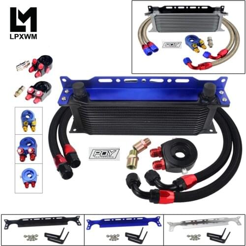 UNIVERSAL 13 ROWS OIL COOLER+OIL FILTER SANDWICH ADAPTER + STAINLESS STEEL BRAIDED AN10 HOSE + Oil Cooler Mounting Bracket