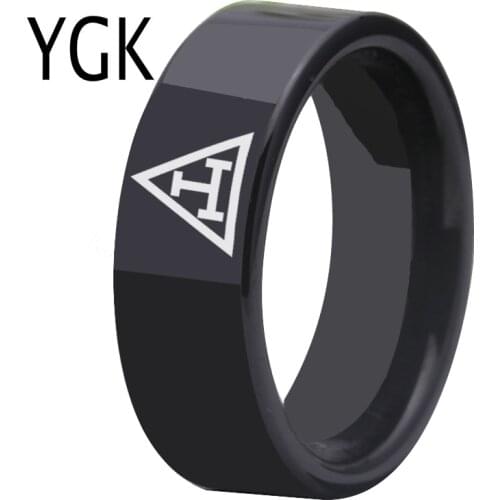 YGK Wedding Jewelry Black Pipe Masonic Ring Freemason Tungsten Rings for Mens Bridegroom Wedding Engagement Anniversary Ring