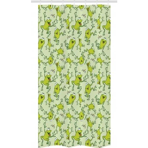 Comic Frog Shower Curtain Set Green Pond Animal Caricature Look Waterproof Fabric Narrow Bath Curtain Bathroom Decor with Hooks