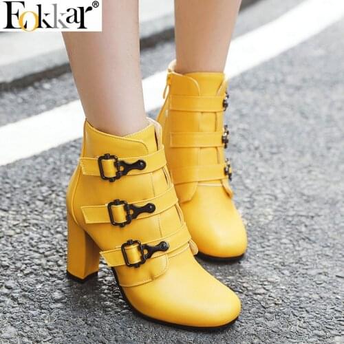 Eokkar 2020 Women Ankle Boots Strappy Square High Heel All Match Round Toe All Match Winter Boots Ladies Boots Size 34-43