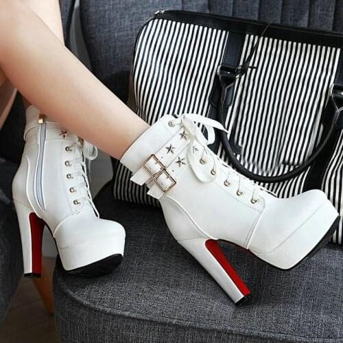 White Black Women Thick Soled Ankle Boots Fashion Autumn Winter Ladies 12CM Square Root Ankle Boots Straps with Zipper Rivets