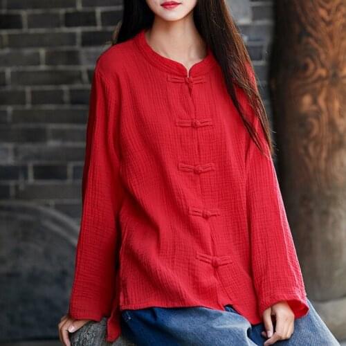 Ladies Chinese Tops Woman Blouses 2019 Autumn T-Shirt Stand Collar Cotton Linen Loose Oriental Female Tunic Chinese Shirt AA4811