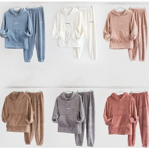 Womens hoodies sleep tops Coral Velvet winter warm sleep bottoms Casual soft Pajama Sets homewear Loose Plus size