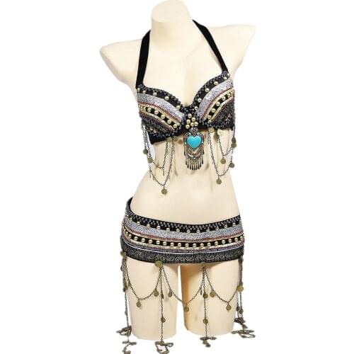 Size S-XL Beaded Outfit Women Tribal Belly Dance Costume 2 Pieces Set Zari Bra with Large Pendant Coins Bra Belt for Bellydance