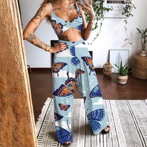 2 Pcs/lot Suit Summer Tracksuit Sets Femme Womens Outfits Boho Tops + Loose Wide Leg Pants Suits Ropa Mujer Подходить New