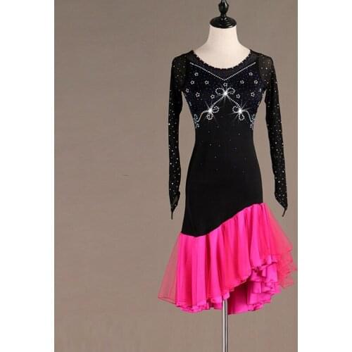 Women Shiny Rhinestone Sexy Latin Dance Skirt Professional Adult Latin Dance Training Suit Female Rumba Dance Service Pink Skirt