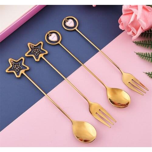 1PC Stainless Steel Golden Coffee Stirring Spoon Fork Creative Love Star Dessert Milk Ice Cream Teaspoon Kitchen Tableware