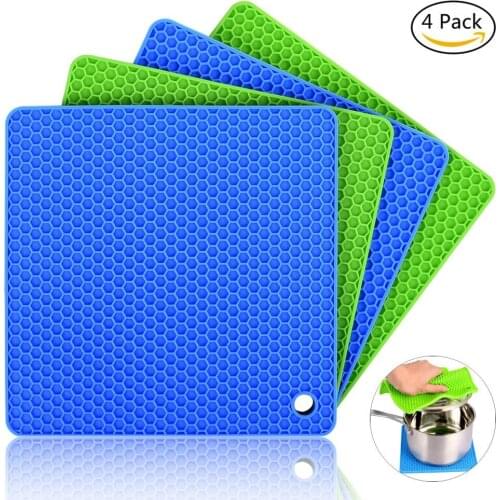 4pcs/set Flexible Durable Silicone Pot Holders Trivet Mat Jar Opener Spoon rest Heat Resistant Mat Square Honeycomb Pattern