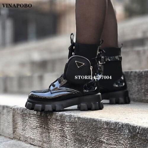 Vinapobo Black Punk Shiny Leather Platform Motorcycle Boots Women Lace up Chunky Heel Martin Boot Women Pocket Decor Shoes Women