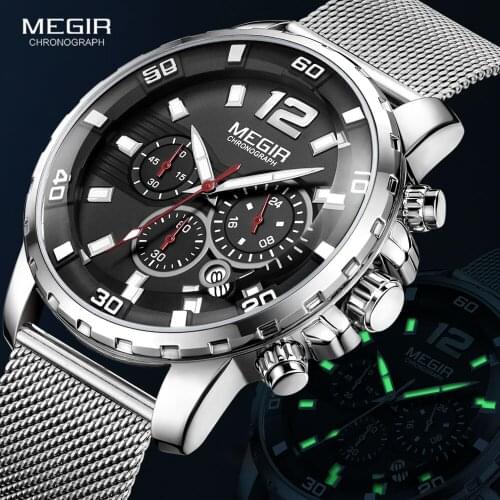 MEGIR Chronograph Quartz Watches for Men 2020 Luxury Top Brand Military Sport Waterproof Wristwatch Mens Mesh Strap Watch Clock