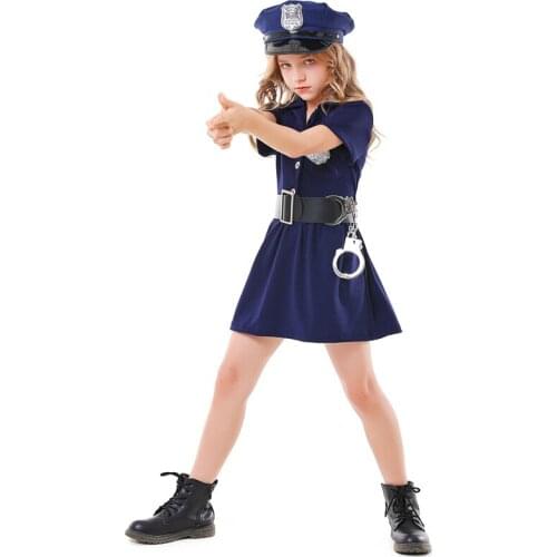 Children Cosplay 2021 New Halloween Carnival Party Costume for Kids Full Sets Props Blue Button Police Woman Clothing for Girls