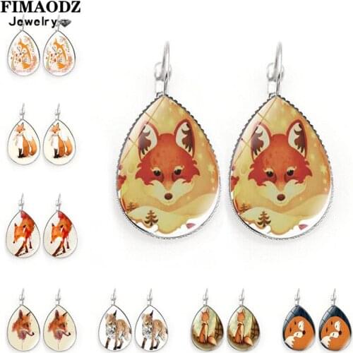 FIMAODZ Cute Fox Earrings For Girls Cartoon Fox Animal Vintage Art Photo Glass Cabochon Dangle Earring Fashion Kids Jewelry
