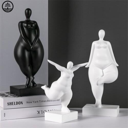 Yoga Fat Lady Arts Sculptures Decor Abstract Woman Character Statue Resin Crafts Black White Home Desktop Decoration Accessorie