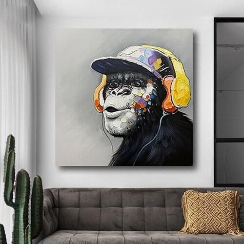 Hand Made Oil Painting The The Gorilla makes Listen Music Modern Art Artworks Cartoon On Canvas For Kids Room