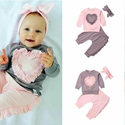 Newborn Baby Girl Kid Long Sleeve Cotton Tops Pants Headband Love Shape Clothes Sets