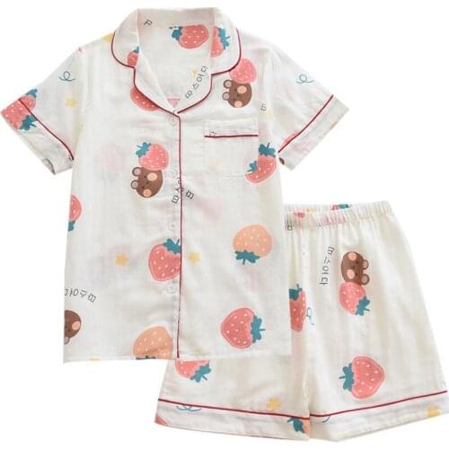 Summer Women Pajamas Sets 100% Gauze Cotton Cute Fruit Printed Short Sleeves Sleepwear Shorts Pyjamas Homewear