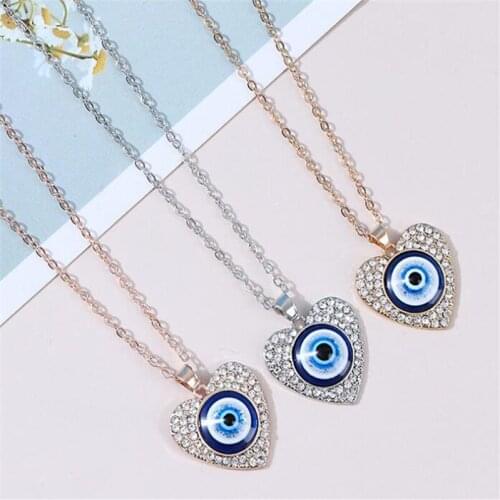 Creative Luxury Crystal Heart Pendant Necklace Gold Rose Gold And Silver Color Female Devils Eye Necklace Elegant Women Jewelry