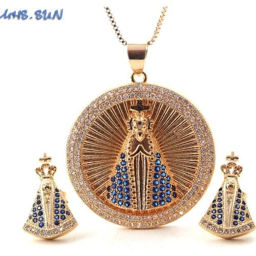 MHS.SUN Luxury copper round pendant necklace with cubic zirconia Mary design necklace+earrings for women religion jewelry set