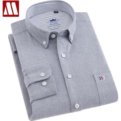 Mens Regular-fit Solid Oxford Cotton Shirts Long Sleeve Smart Casual Male Dress Shirt Workwear Button-collar Tops Plus Size 5XL